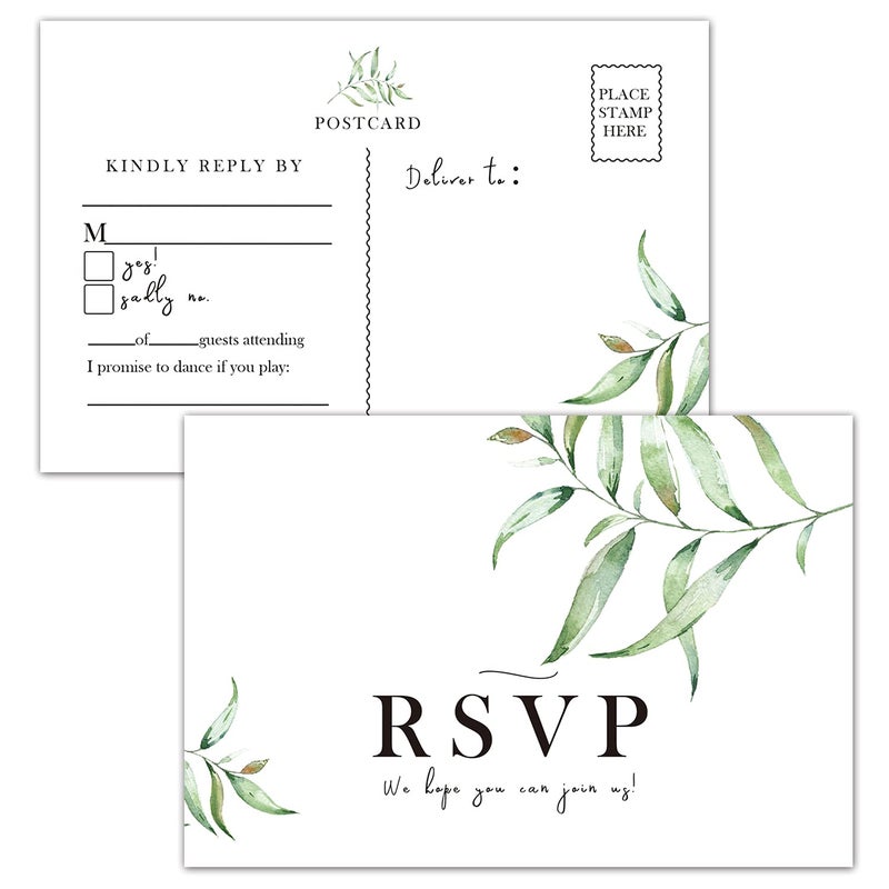 Giftideaworkshop 50 بطاقة RSVP، بطاقات RSVP لحفل الزفاف، حفل الاستحمام للعروس، حفل الاستحمام للطفل، بطاقات رد RSVP بتصميم نباتي، 4 × 6 بوصات. - Image 1